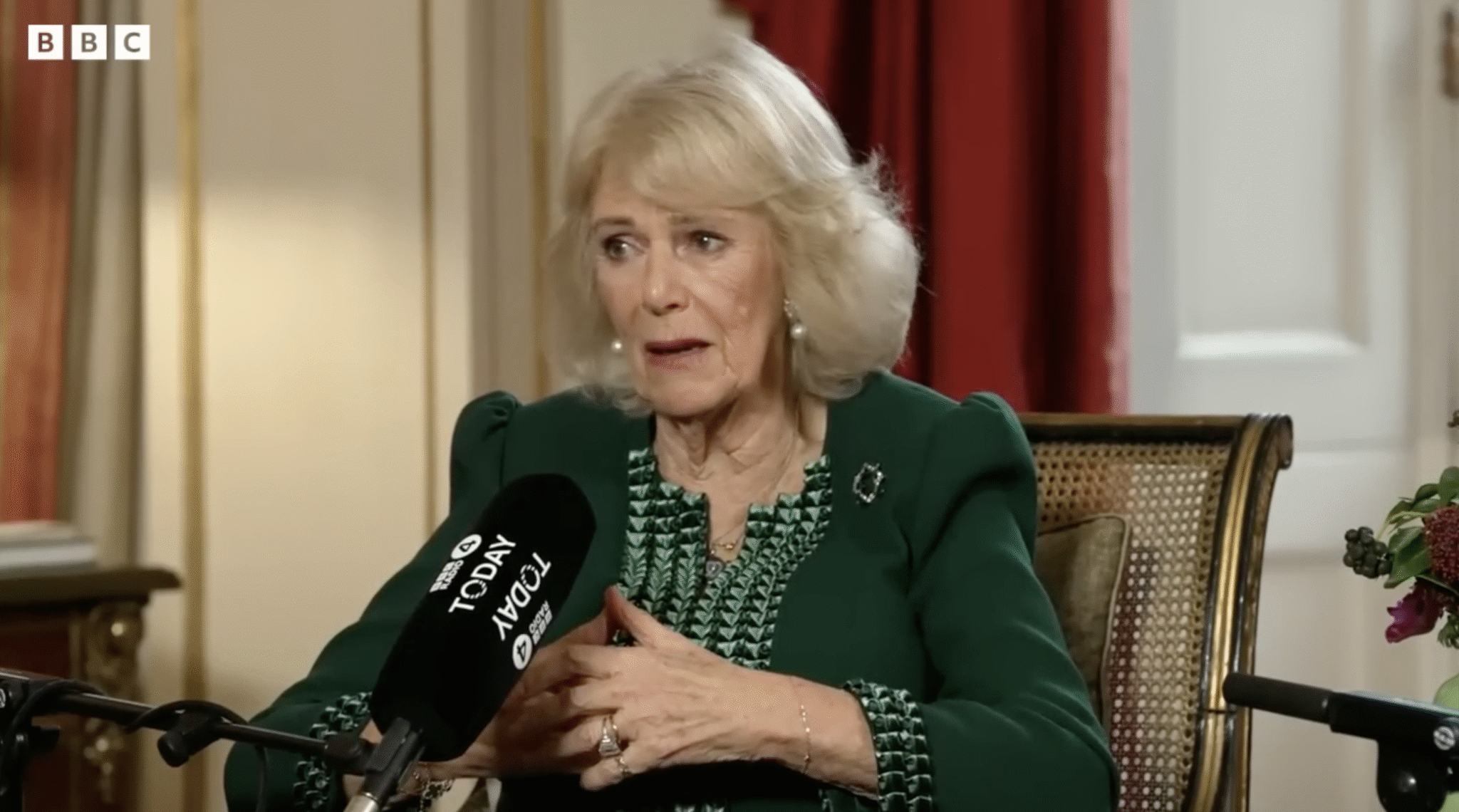 Queen Camilla with an emotional expression during latest BBC broadcast