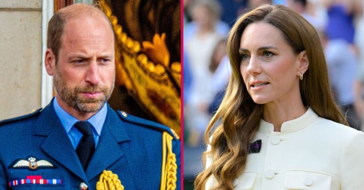 Composite: Prince William frowning beside Princess Kate with a serious expression