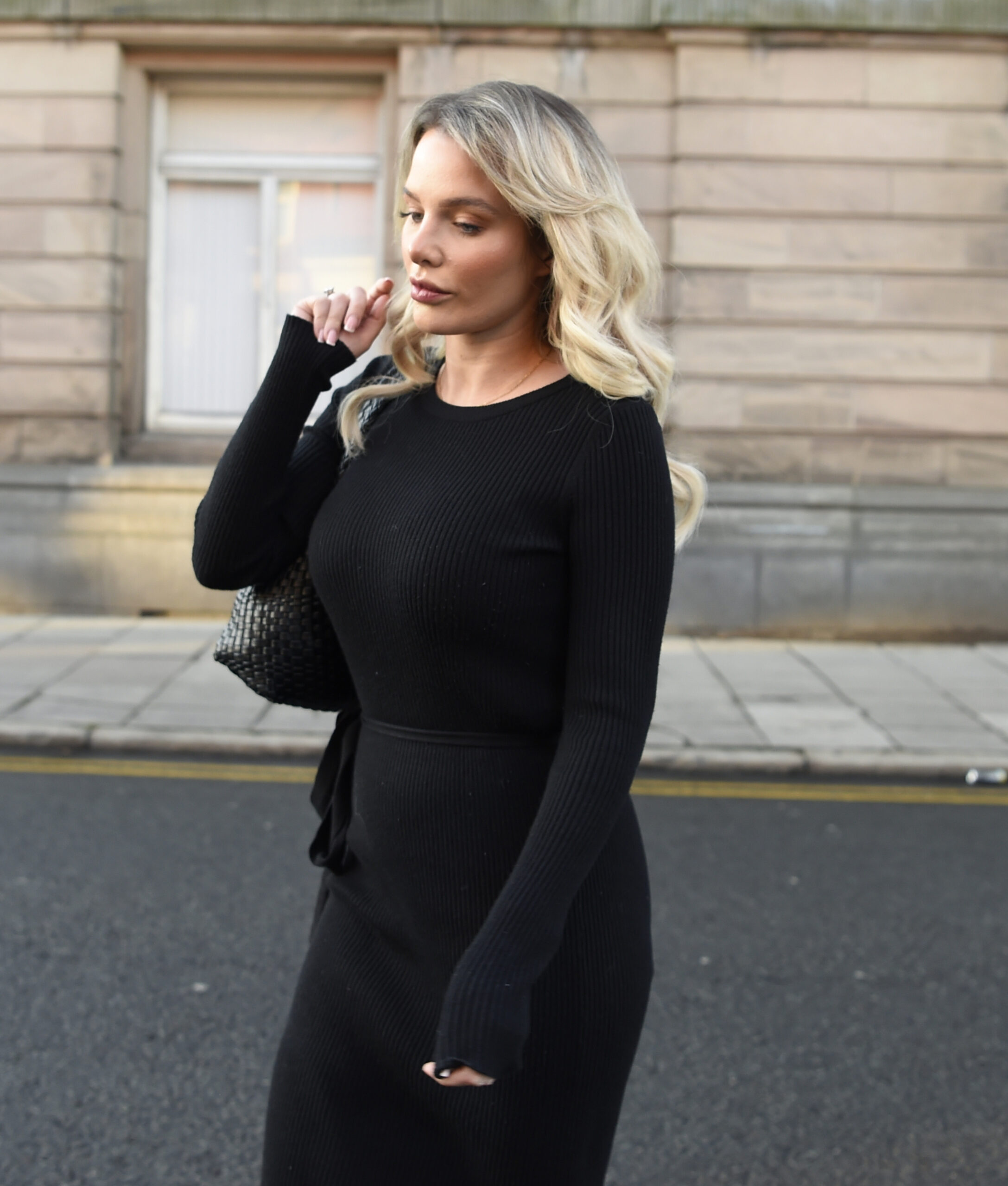 Helen Flanagan wearing a black dress