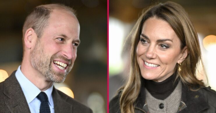 Prince William smiling beside a smiling Princess Kate