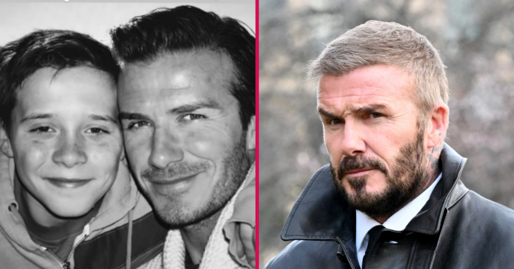 David Beckham looking sad and in a black and white throwback with Brooklyn