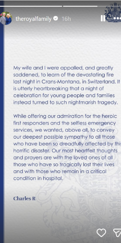 King Charles' statement on Switzerland fire