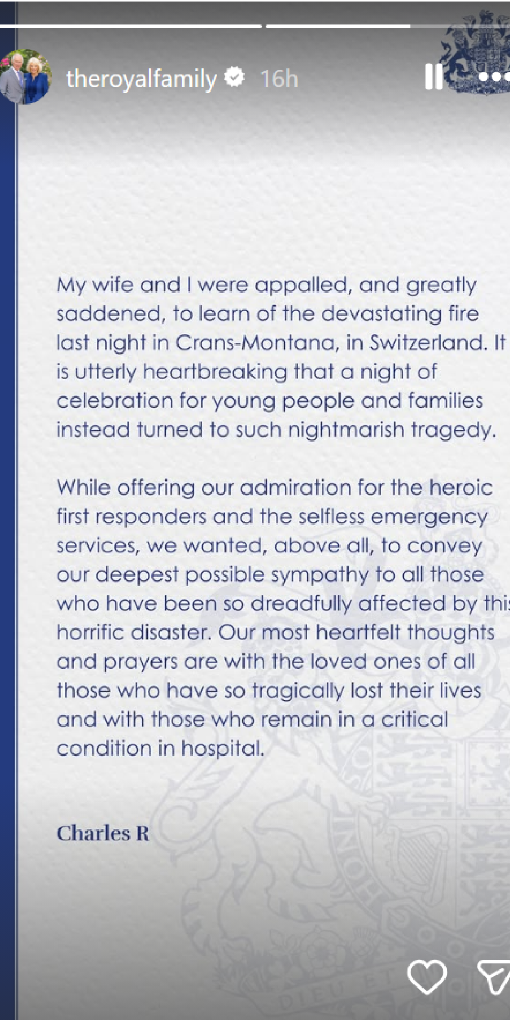 King Charles' statement on Switzerland fire