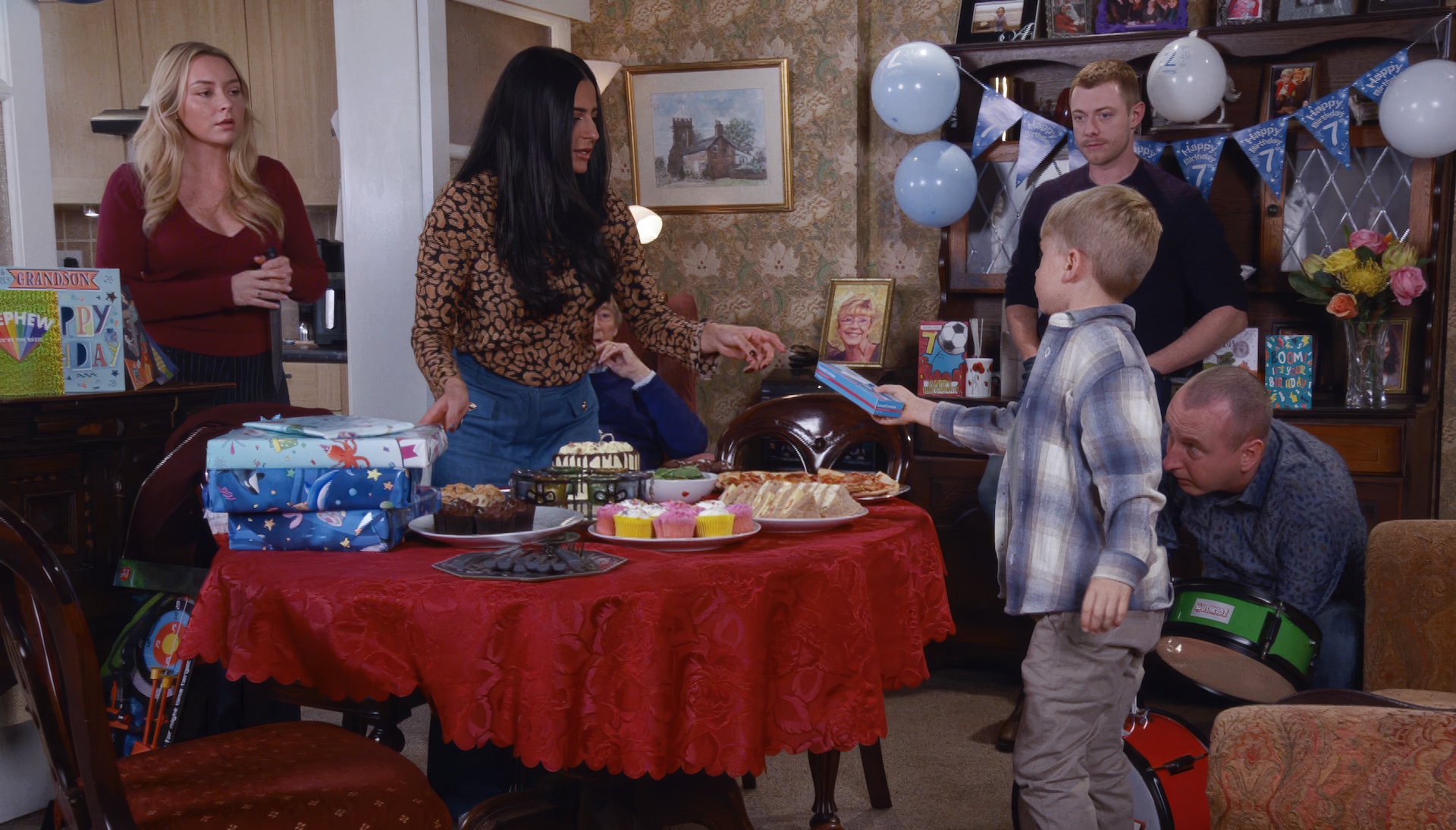 Megan, Alya, Kirk, Daniel and Bertie at party in Coronation Street