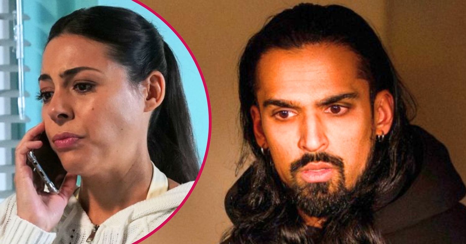 Ravi looks shocked in EastEnders spoilers; inset, an upset Priya on the phone (Credit: BBC/Composite: ED!)