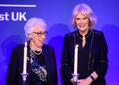 Camilla Duchess of Cornwall attends a reception to mark holocaust memorial day and the 75th publication of Anne Franks diary for the Anne Frank Trust alongside Eva Schloss