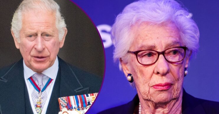 ED COMPOSITE: King Charles frowning beside Eva Schloss