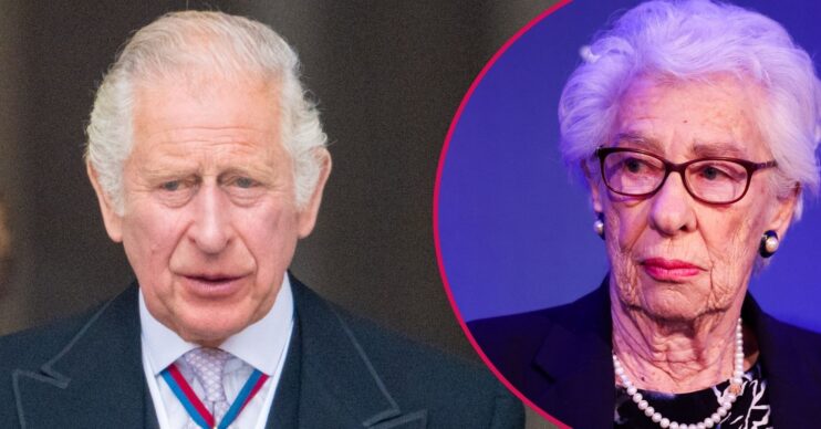 ED COMPOSITE: King Charles frowning beside Eva Schloss