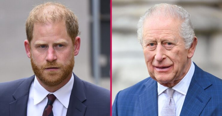 ED composite of Prince Harry and King Charles with serious expressions