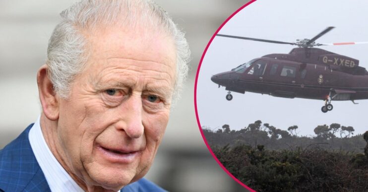 Image of King Charles besides an image of a royal helicopter