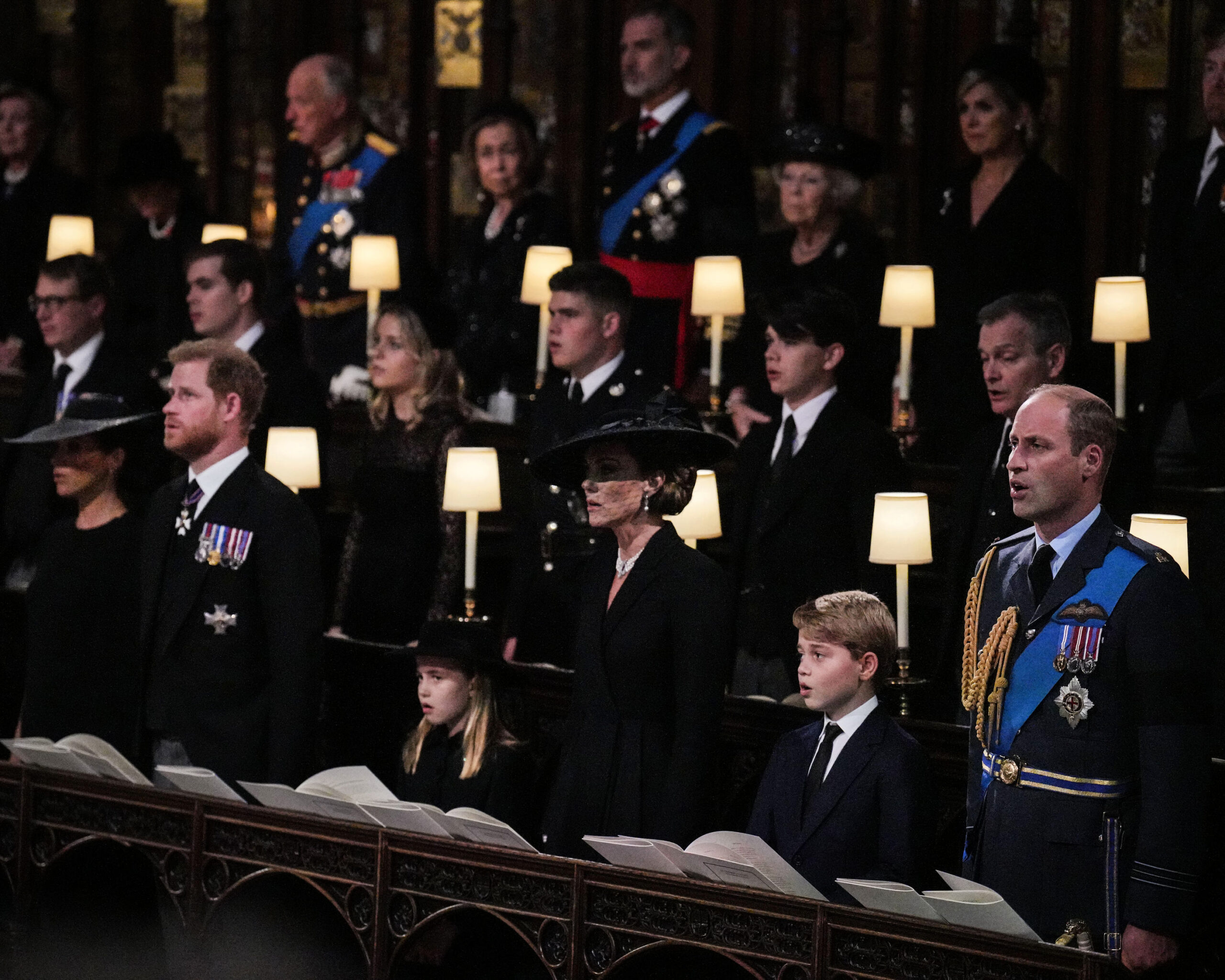 Meghan Markle and Prince Harry with royals at Queen Elizabeth's funeral