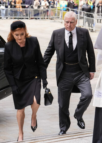 Sarah Ferguson and Andrew Mountbatten-Windsor walking side by side at the funeral of the Duchess of Kent