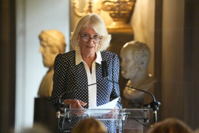 Queen Camilla giving speech during Reading Room book club reception