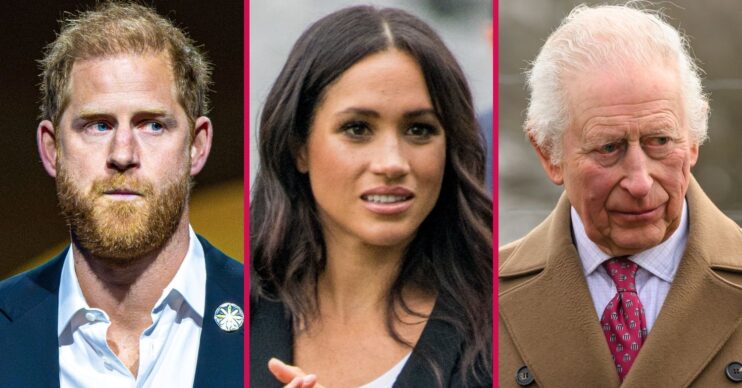 Prince Harry frowning beside a grimacing Meghan Markle and a frowning King Charles