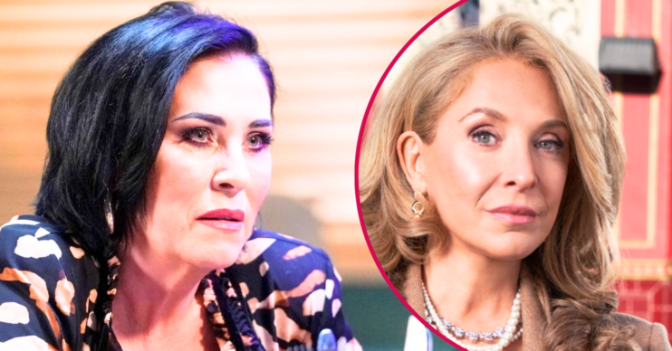 Kat looks worried on EastEnders; inset, promotional shot of Chrissie (Credit: BBC/Composite: ED!)