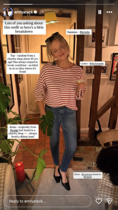 Emily Atack in jeans and a striped top