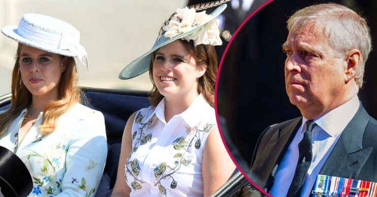 Princess Beatrice and Princess Eugenie riding in a carriage beside an image of Andrew Mountbatten-Windsor frowning