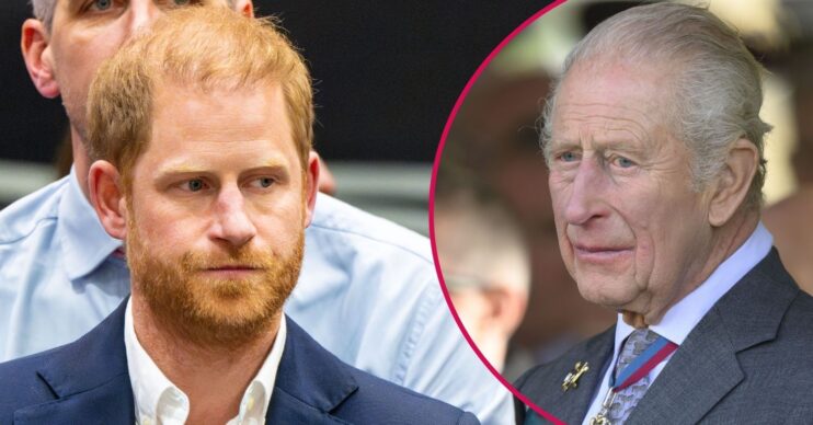 ED composite of Prince Harry at Invictus Games and King Charles looking serious in suit