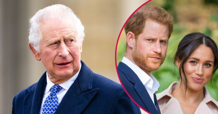 King Charles with a serious expression beside Harry frowning and Meghan Markle smiling