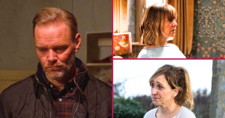 Ray, Rhona and Laurel in Emmerdale looking stressed (Credit: ITV/Comp ED!)