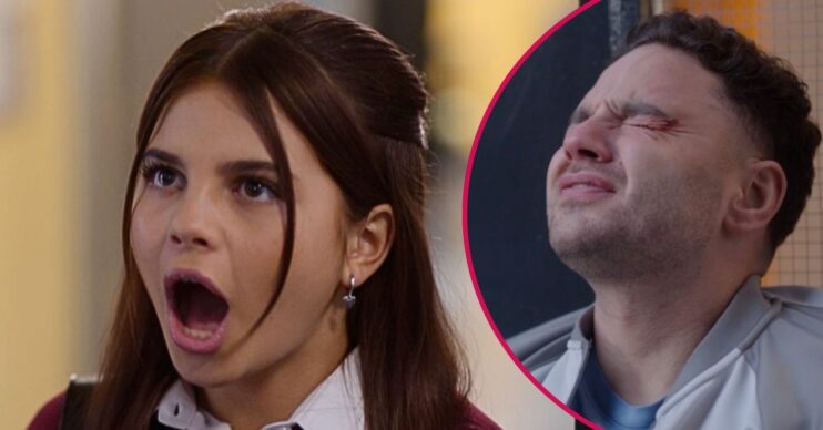 Izzy shouting and Donte with a bloody eye in Waterloo Road series 17 episode 3