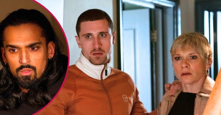 Harry and Nicola look worried on EastEnders; inset, Ravi looks menacing (Credit; BBC/Composite: ED!)