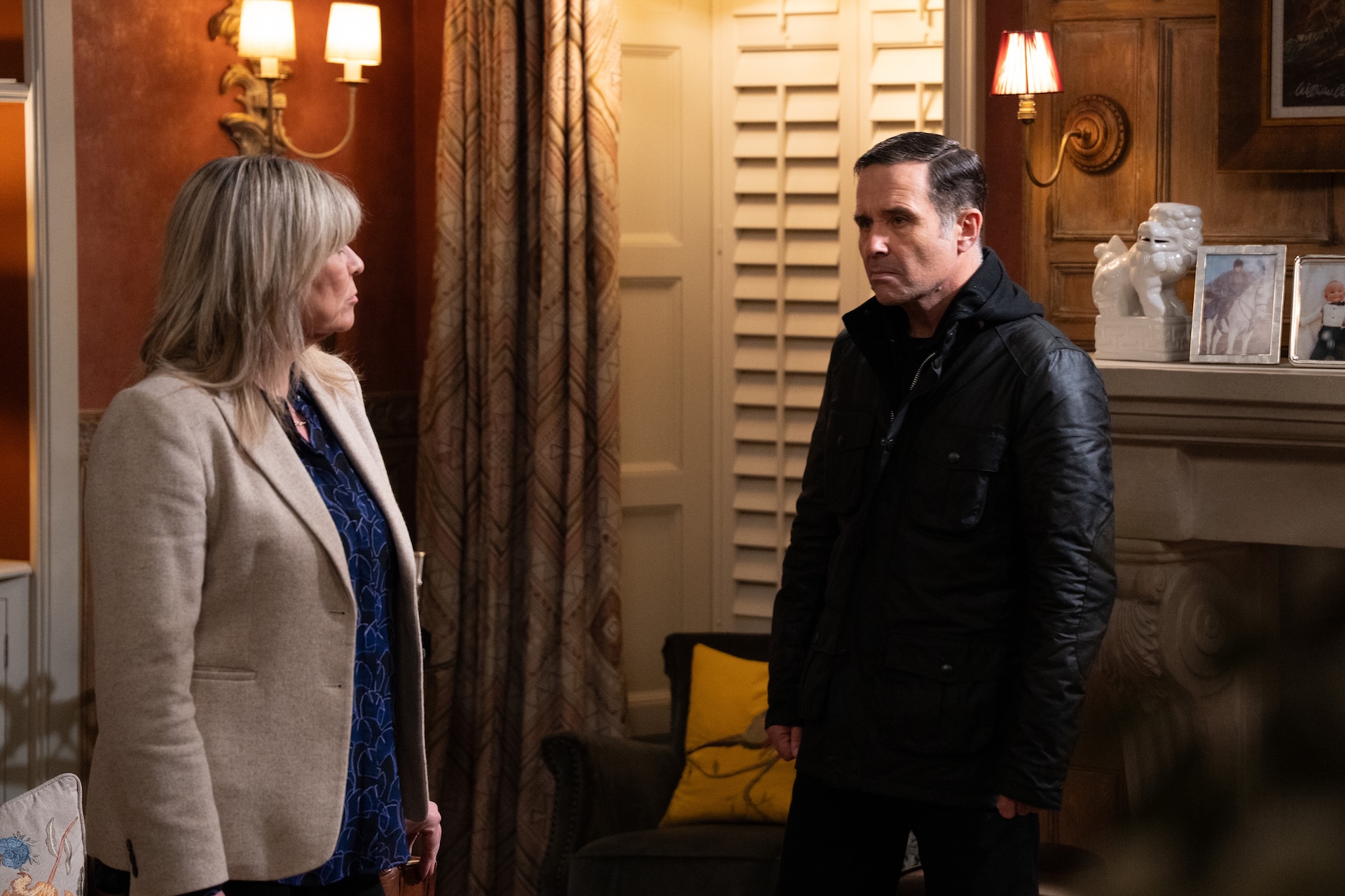 Kim and Graham glare at each other in Emmerdale (Credit: ITV)