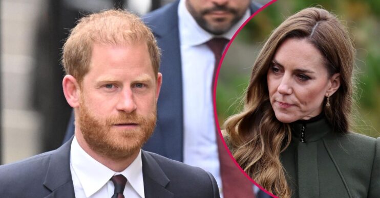 ED composite of Prince Harry in suit and Kate Middleton in grey coat on royal engagement