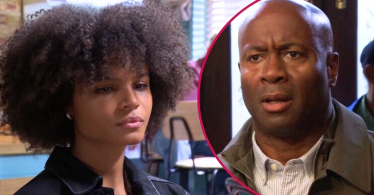 Jasmine looks worried on EastEnders; inset, Anthony looking outraged (Credit; BBC/Composite: ED!)