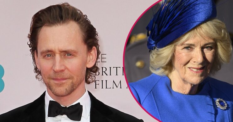 ED composite of Queen Camilla and Tom Hiddleston smiling