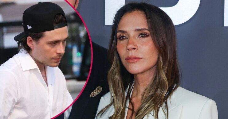 Brooklyn Beckham looking down / Victoria Beckham on a red carpet