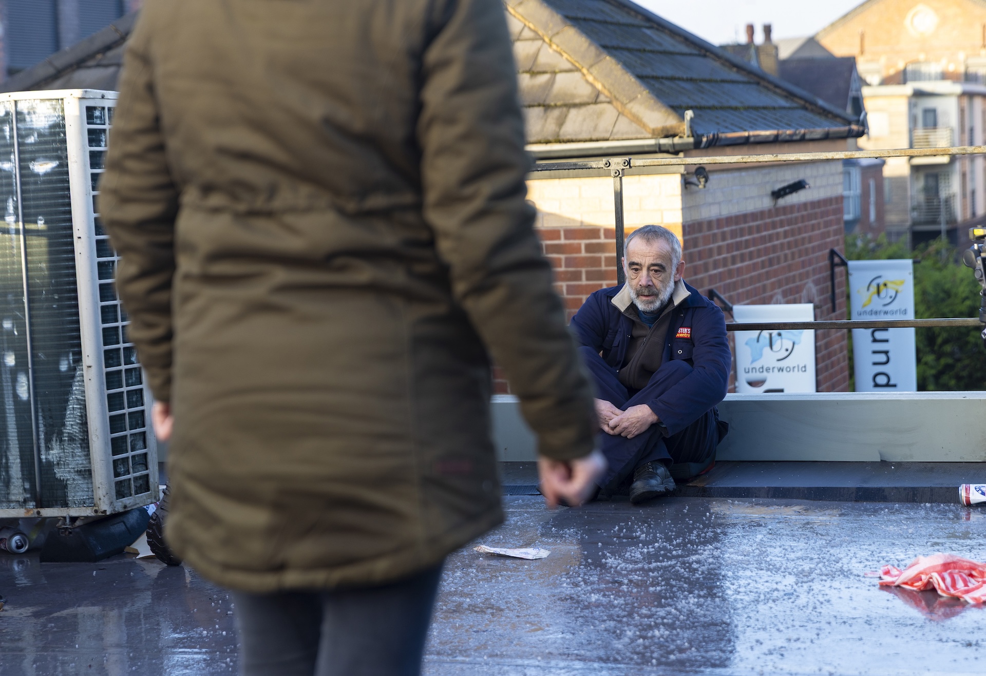 Kevin on the roof in Coronation Street