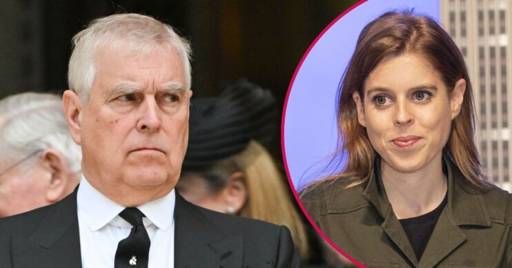 ED composite of Prince Andrew looking serious and Beatrice smiling