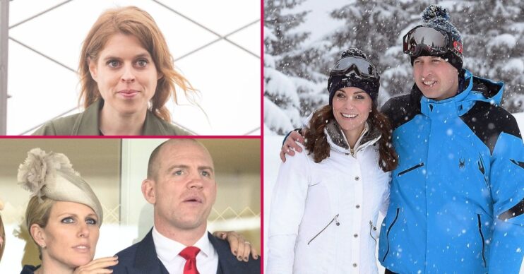 Princess Beatrice with a tense expression, Princess Kate and Prince William posing in the snow and Zara and Mike Tindall stood closely with serious expressions