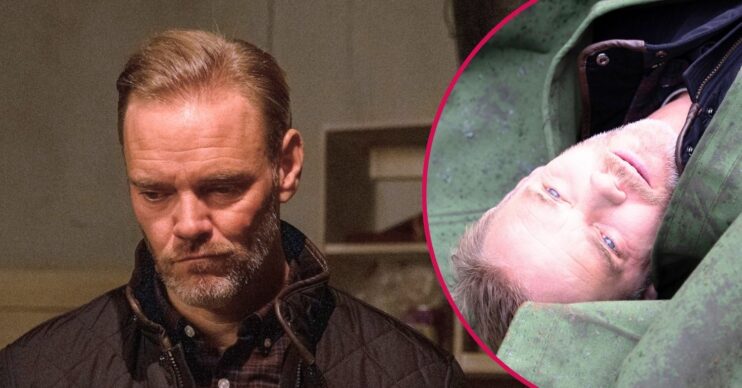 Ray in Emmerdale looking concerned and in a body bag (Credit: ITV/Comp ED!)