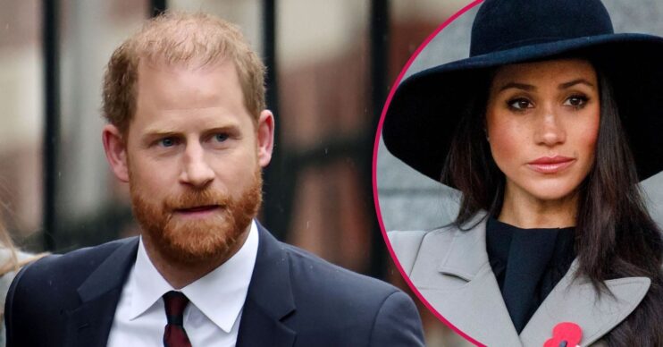 Prince Harry frowning beside Meghan Markle with a glum expression