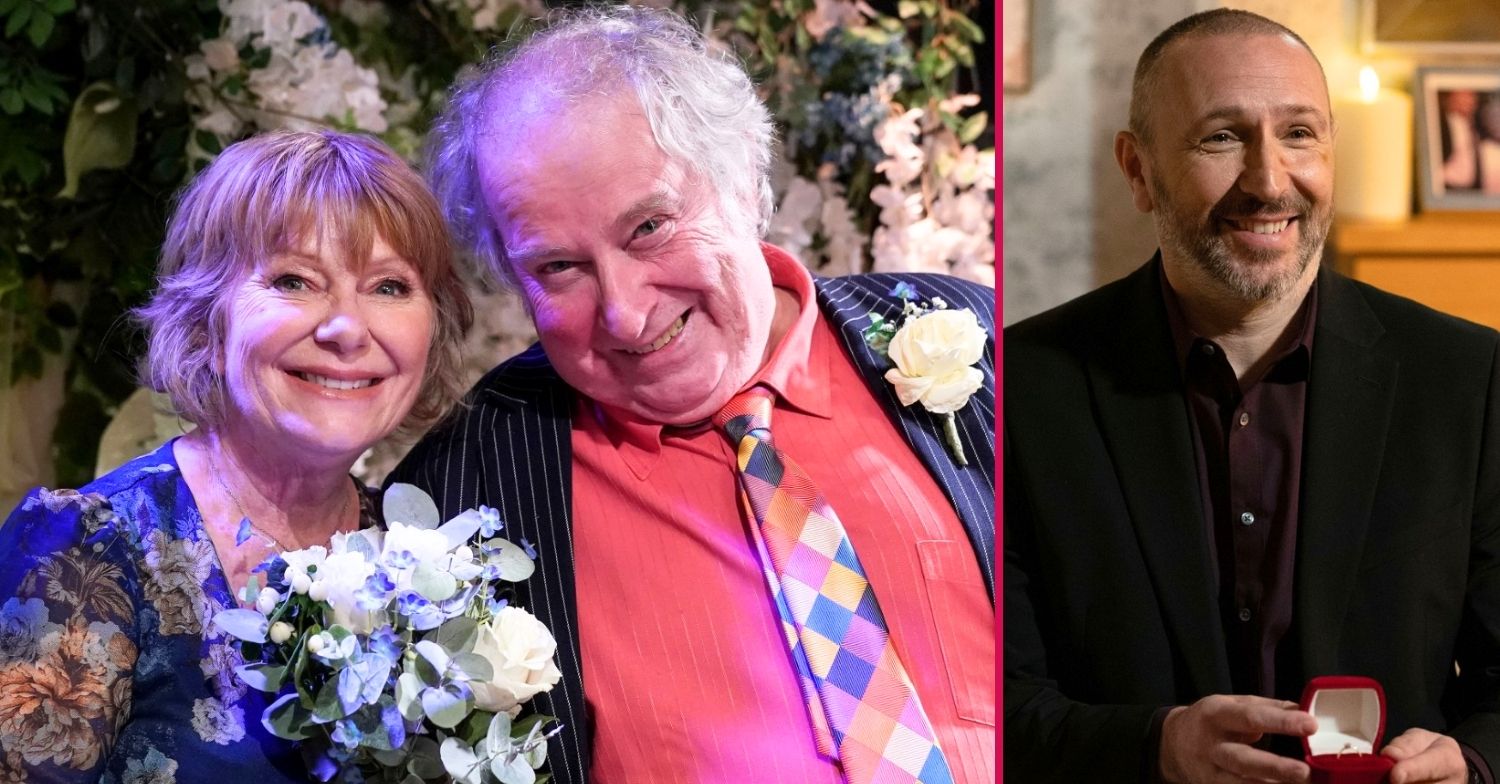 Julie and Nigel in EastEnders spoilers; inset, Ross proposes to Vicki (Credit: BBC/Composite: ED!)