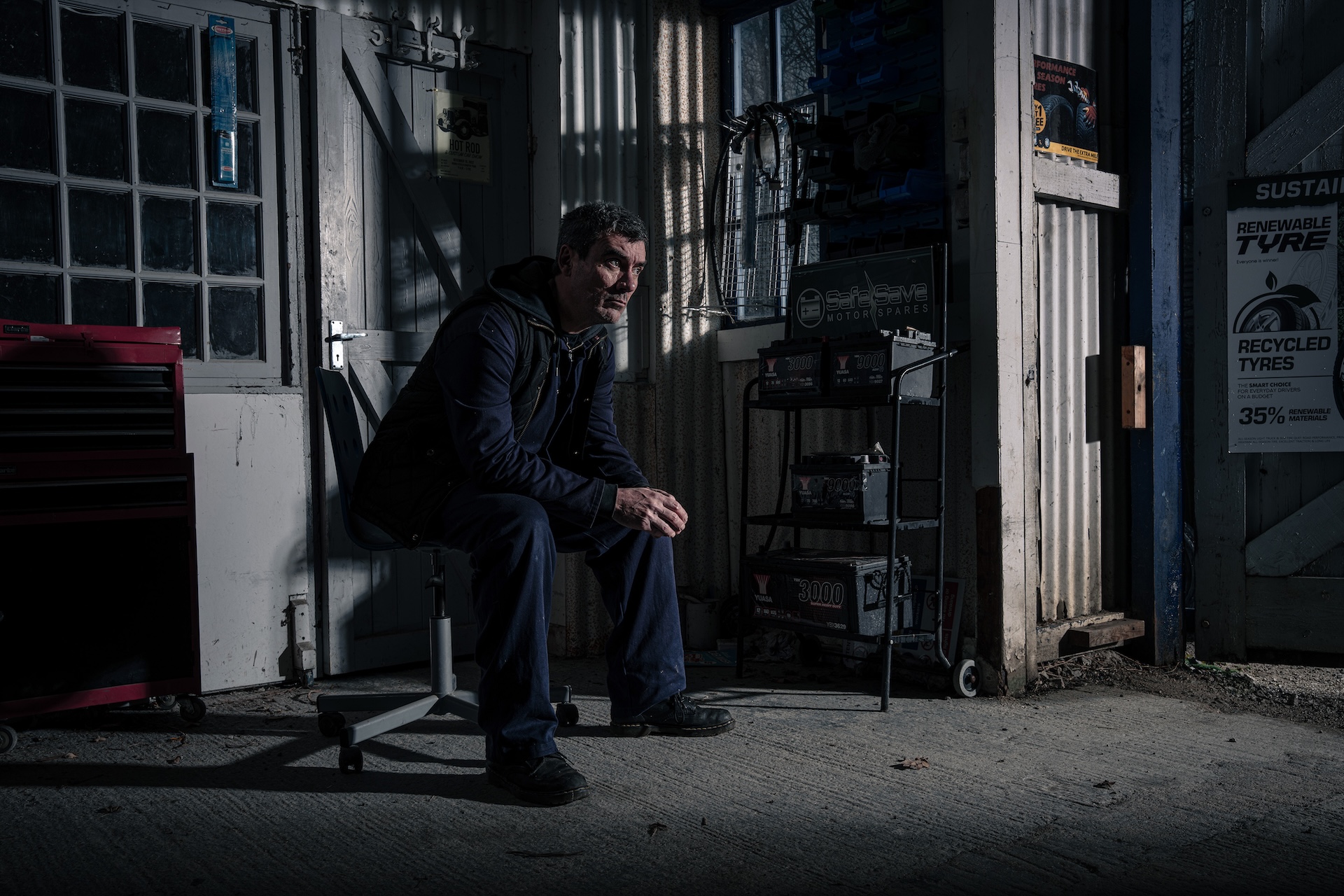 Cain Dingle sitting in his garage 