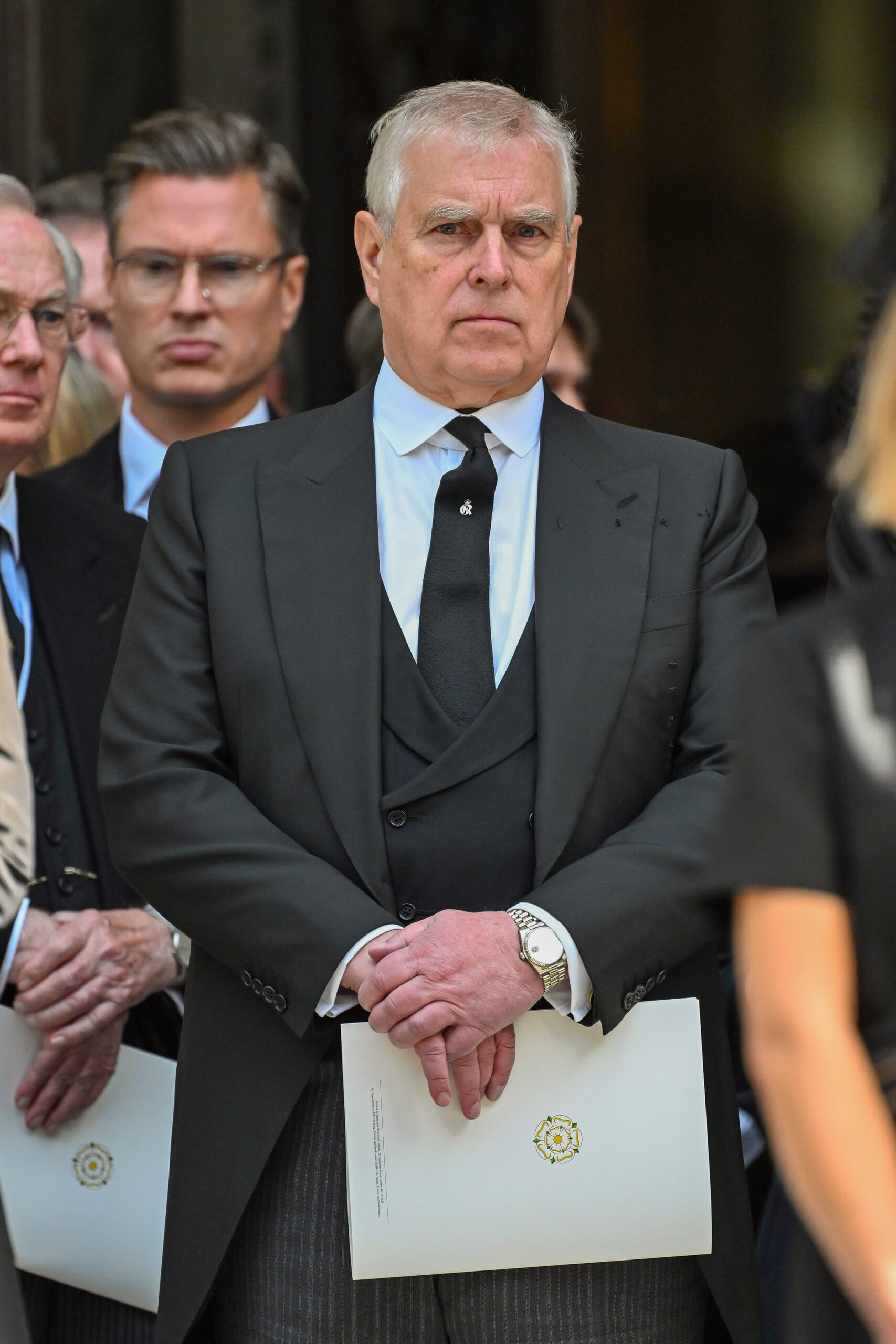 Andrew Mountbatten-Windsor frowning at the Duchess of Kent's funeral