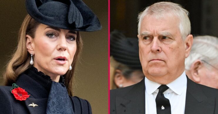 Princess Kate Middleton frowning beside a frowning Andrew Mountbatten-Windsor