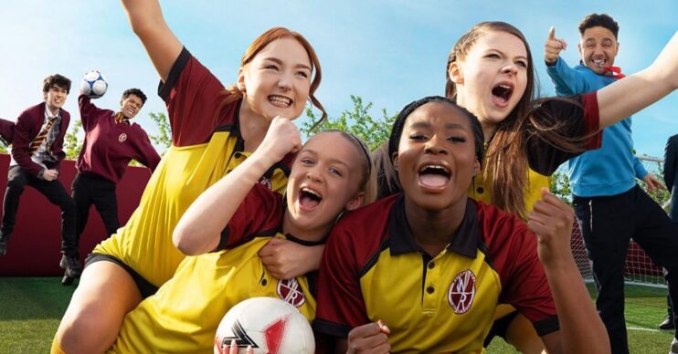 The cast of Waterloo Road on a football pitch