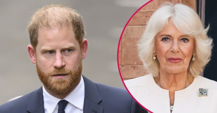 ED composite of Prince Harry in suit and Queen Camilla in Italy wearing white outfit