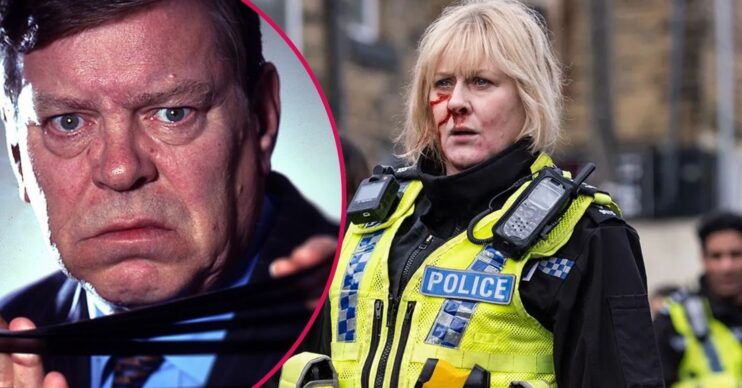 Dalziel peering through a window and Sarah Lancashire in Happy Valley