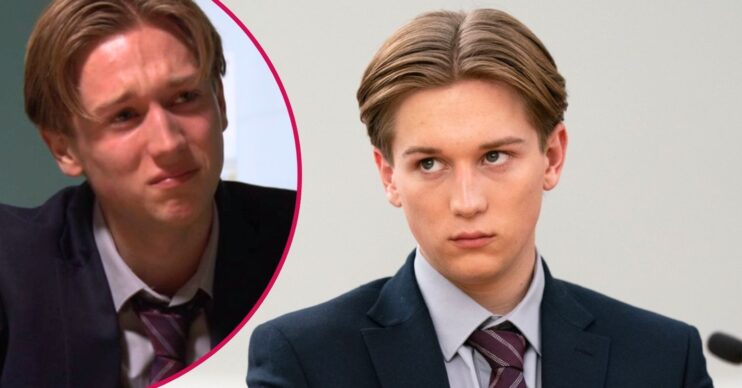 Joel on EastEnders in court; inset, crying (Credit: BBC/Composite: ED!)