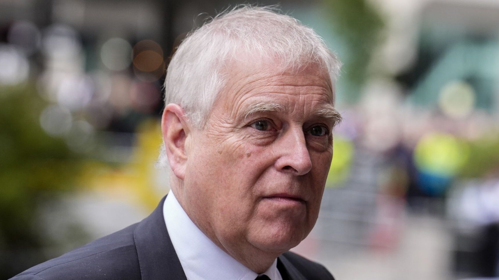 Close-up shot of Andrew Mountbatten-Windsor frowning at the funeral of The Duchess of Kent