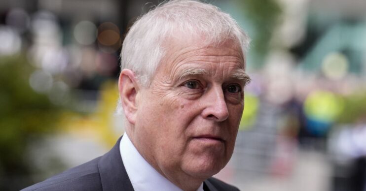Close-up shot of Andrew Mountbatten-Windsor frowning at the funeral of The Duchess of Kent