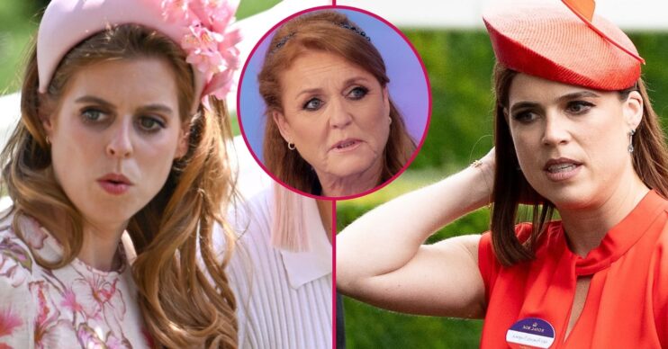 Princess Beatrice with a shocked expression, Sarah Ferguson frowning and Princess Eugenie with an upset expression