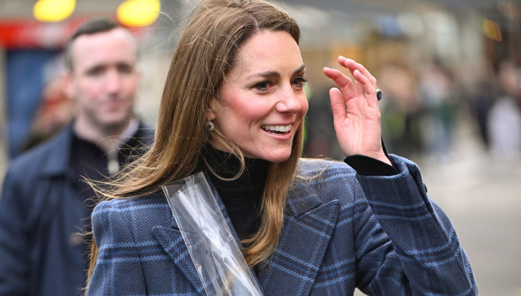 Kate Middleton in blue tartan coat on royal engagement