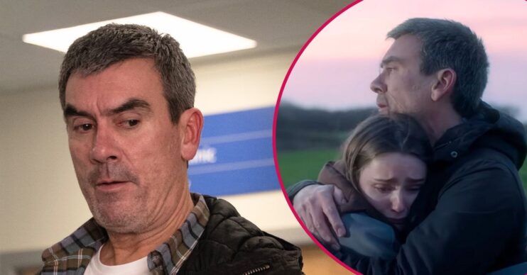 Cain Dingle in Emmerdale and hugging Sarah Sugden (Credit: ITV/Comp ED!)