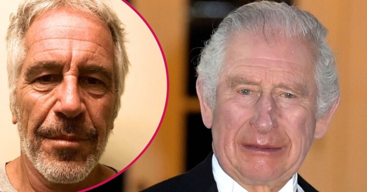 Jeffrey Epstein frowning beside a grimacing King Charles